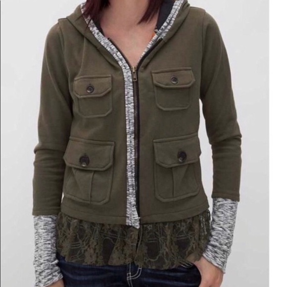 Anthropologie Jackets & Blazers - Anthropologie Scrapbook Olive Hoodie Lace Jacket